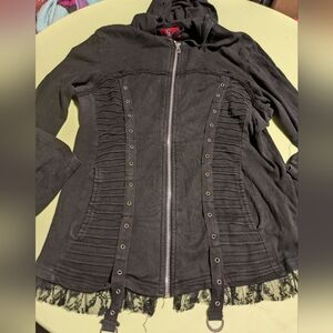 Royal Bones By Tripp XL Black Zip Hoodie with Lace Trim